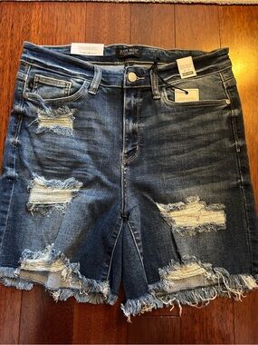 Judy Blue Ripped Dark Wash Denim Shorts with Frayed Hem